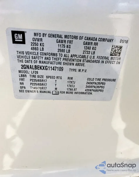 2016 Chevrolet Equinox Ls z USA, uszkodzony, nr VIN 2GNALBEKXG1147109